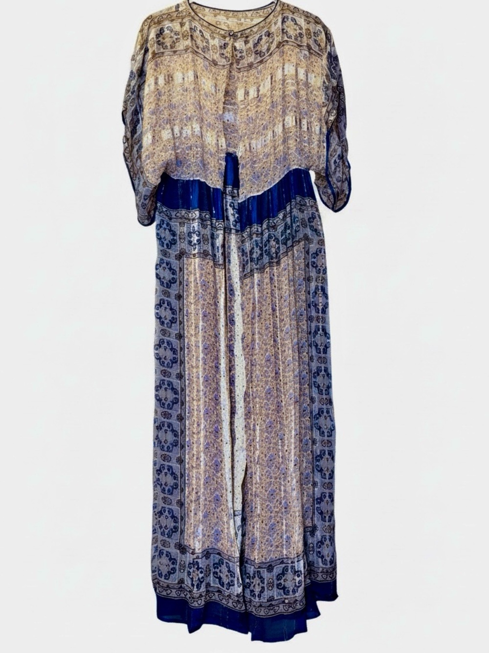 Vintage Adini Sultana Silk Chiffon Metallic Maxi Dress Gown Sheer 1970’s Boho